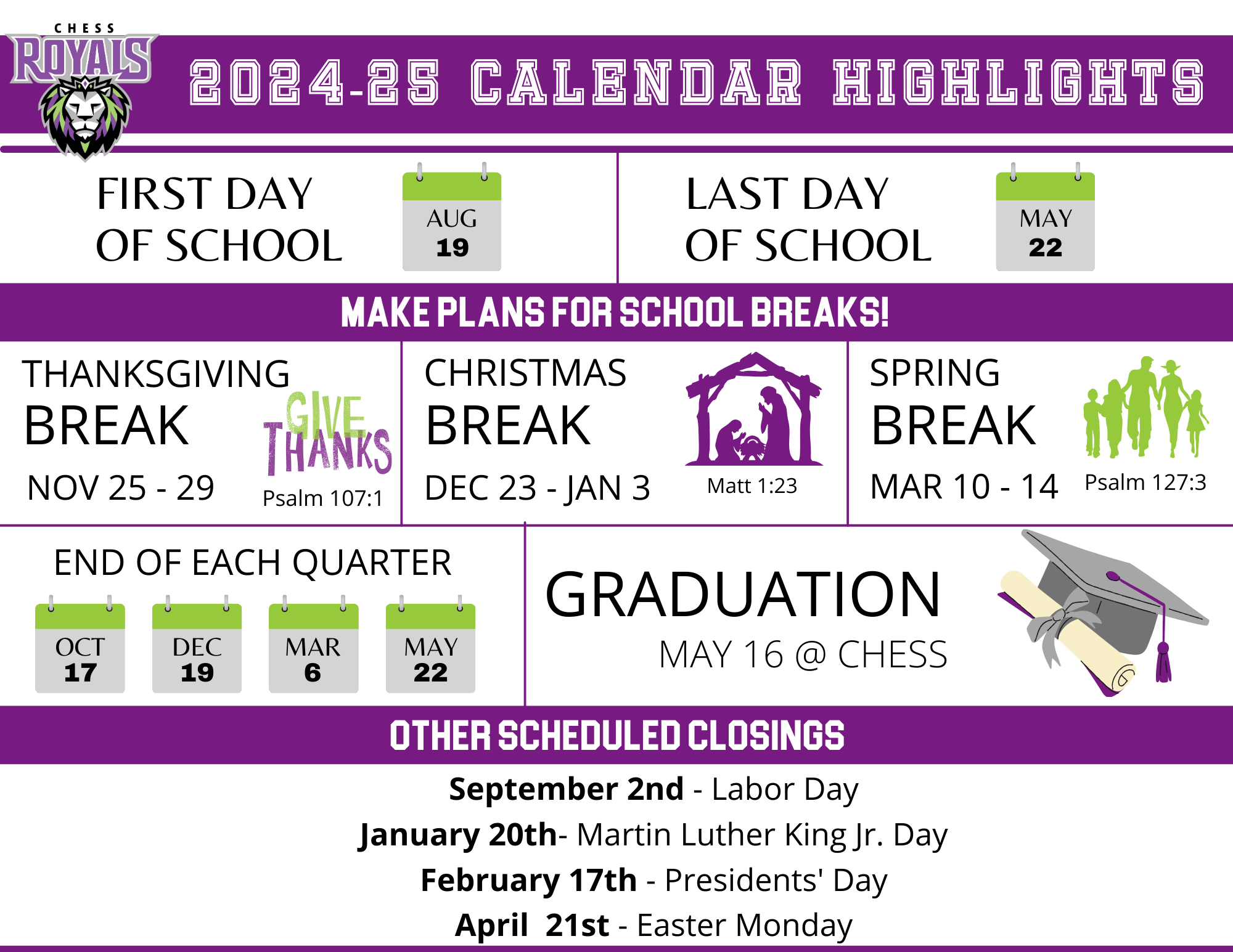 202425 Calendar Highlights CHESS Christian School